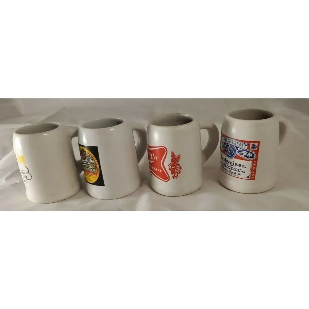 Beer Mugs Shot Glasses Lot of 4 Barware Budweiser Miller Strohs Michelob Mancave